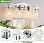 4 Light Bathroom Light Fixtures, Chrome Vanity Lights with Clear Glass Shades, Modern Bathroom Light Fixtures Over Mirror, Modern Bathroom Wall Lamp for Mirror Living Room Cabinet