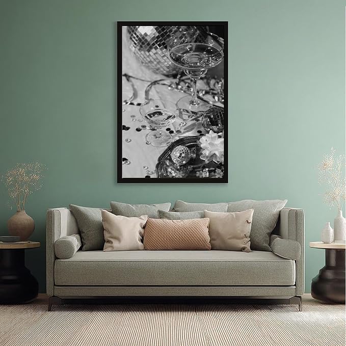 Disco Party, Champagne And Mirror Ball, Black And White, Wine Glasses Poster Canvas Poster Wall Art Decor Print Picture Paintings for Living Room Bedroom Decoration Black Frame 20x30in(50x75cm)