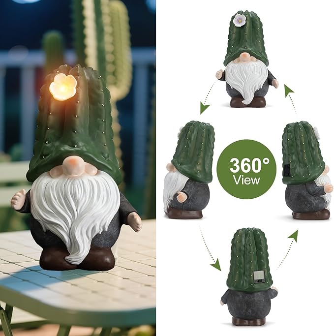 Solar Cactus Gnome Statue Garden Decor Light - Outdoor Decorative LED Flower, Suitable for Patio, Lawnand Garden Decorations, Gifts for Mom