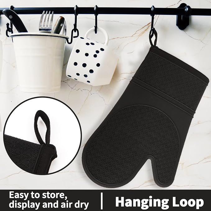 Hovico Silicone Oven Mitts, Heat Resistant 500F Kitchen Mitts 2PCS, 11.6" BPA-Free Soft Baking Gloves, Non-Slip Grip Oven Gloves with Soft Cotton Lining for Kitchen Cooking Baking BBQ - Black
