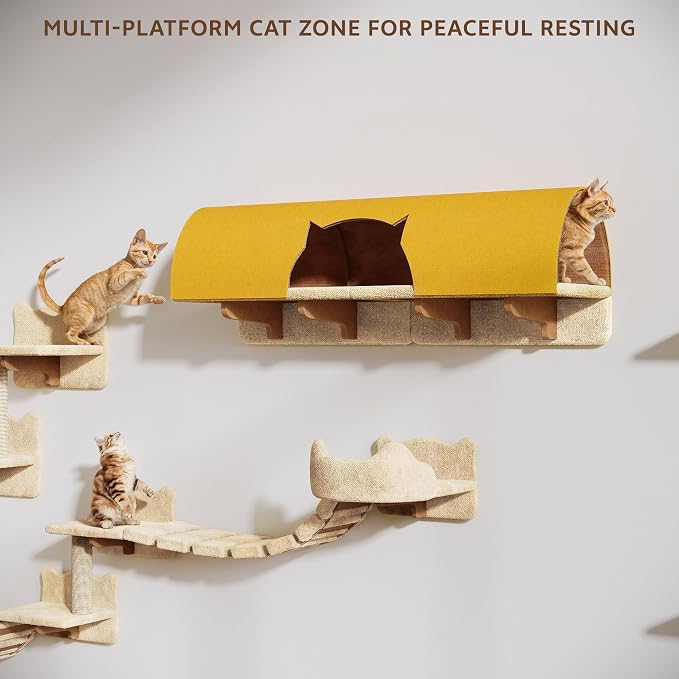 26-in-1 Cat Wall Shelves with Cat Tree, 40''L Tunnel, Moon, Beige | Wall Mounted Cats Furniture Set with Plush Fabric, Cat Climbing Systems for 16 Inch Drywall, with Scratching Posts, Bridge