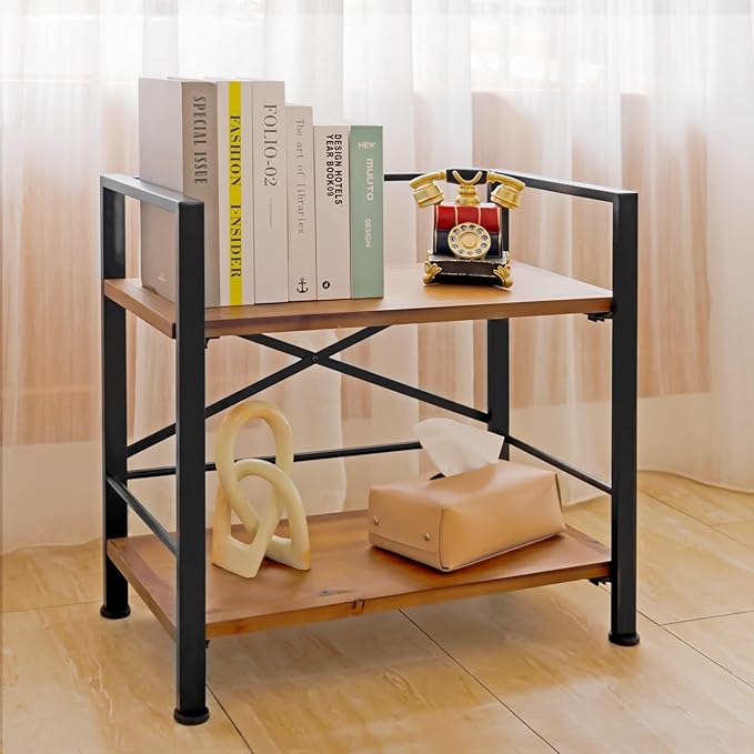 Rustic Bookshelf, 2 Tier Real Wood Bookshelf, Metal Book Shelf for Storage, Black Bookcase, 12.6" D x 23.62" W x 22.83" H