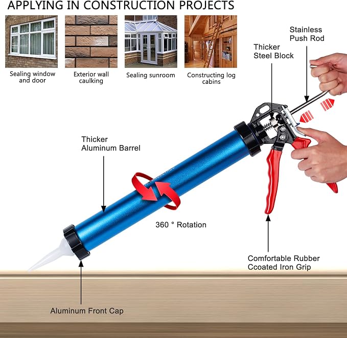 Three bearing energy-saving blue aluminum tube universal sausage glue gun, reusable to prevent dripping, 12:1 thrust, uniform thrust (one picece)