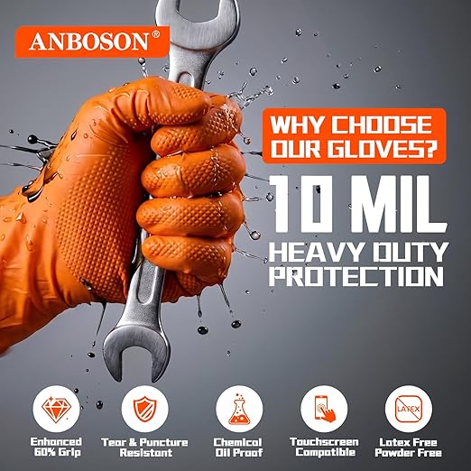 ANBOSON 10 Mil Heavy Duty Industrial Nitrile Gloves, Orange XLarge 500 Count