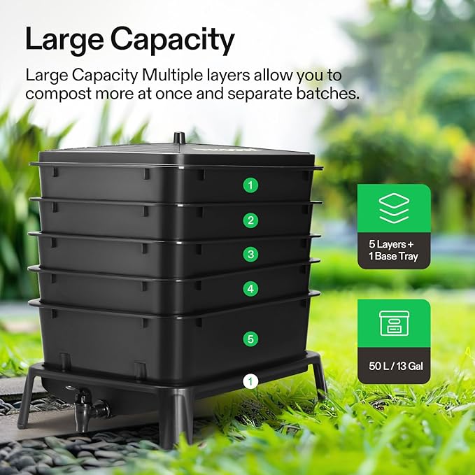 VIVOSUN 5-Layer Worm Compost Bin, 50L Worm Composter, Easy Setup Inclusive Worm Farm Kit for Recycling Food Waste