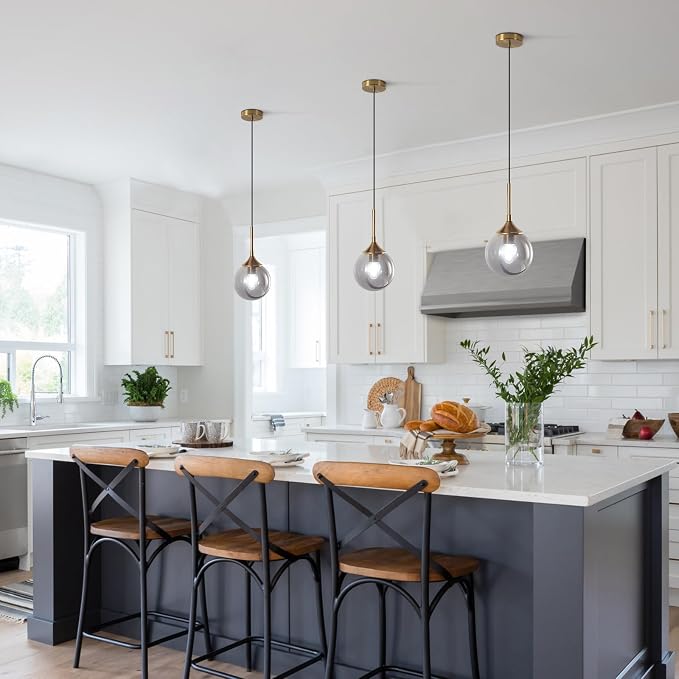 KCO Lighting Modern Small Gold 7.1” Smoke Gray Glass Globe Pendant Light | E26 Adjustable Hanging Lamp for Sloped Ceilings, Mid Century Brass Ceiling Light Fixture for Kitchen Island Sink Dining Table