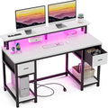 GreenForest Computer Desk with 2 Drawers and Power Outlets,50 Inch Office Desk with 2 Monitor Stands and Fabric File Cabinet, Reversible Gaming table with Led Lights and Shelves, Work Desk, White