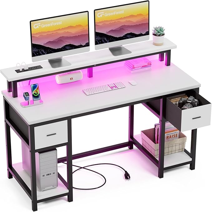 GreenForest Computer Desk with 2 Drawers and Power Outlets,50 Inch Office Desk with 2 Monitor Stands and Fabric File Cabinet, Reversible Gaming table with Led Lights and Shelves, Work Desk, White