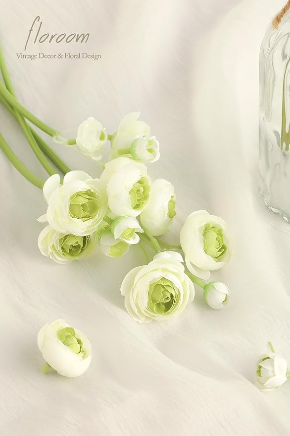 Floroom Ranunculus Artificial Flowers 18 Pcs Green Faux Silk Mini Ranunculus Bulk Fake Wedding Filler Flowers for DIY Bouquets, Centerpieces, Bridal Shower Decorations & Arrangements