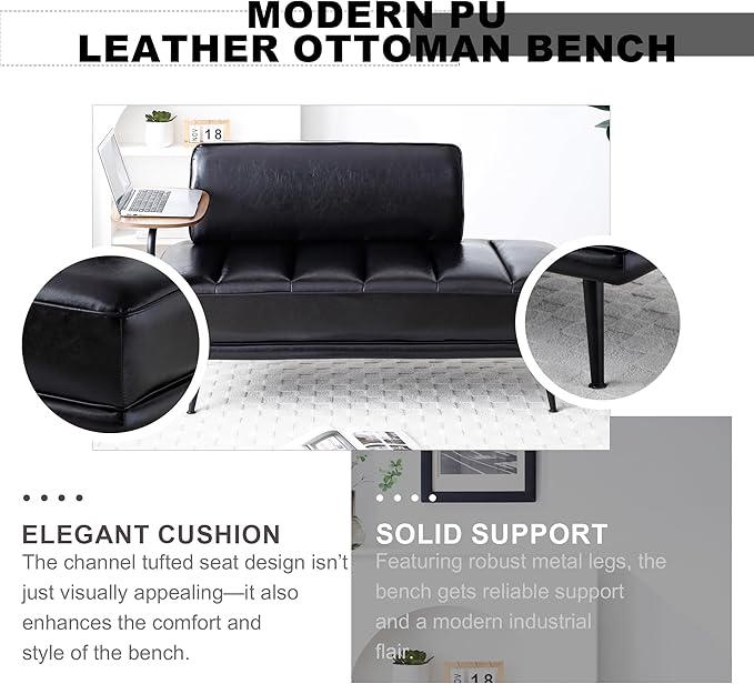 Sofa,Bed Bench,Small Spaces Furniture,Polyurethane Leather,Wood Frame,High Density Sponge Infillings,360-Degree Swivel Tray,Black Metal Leg (Black)