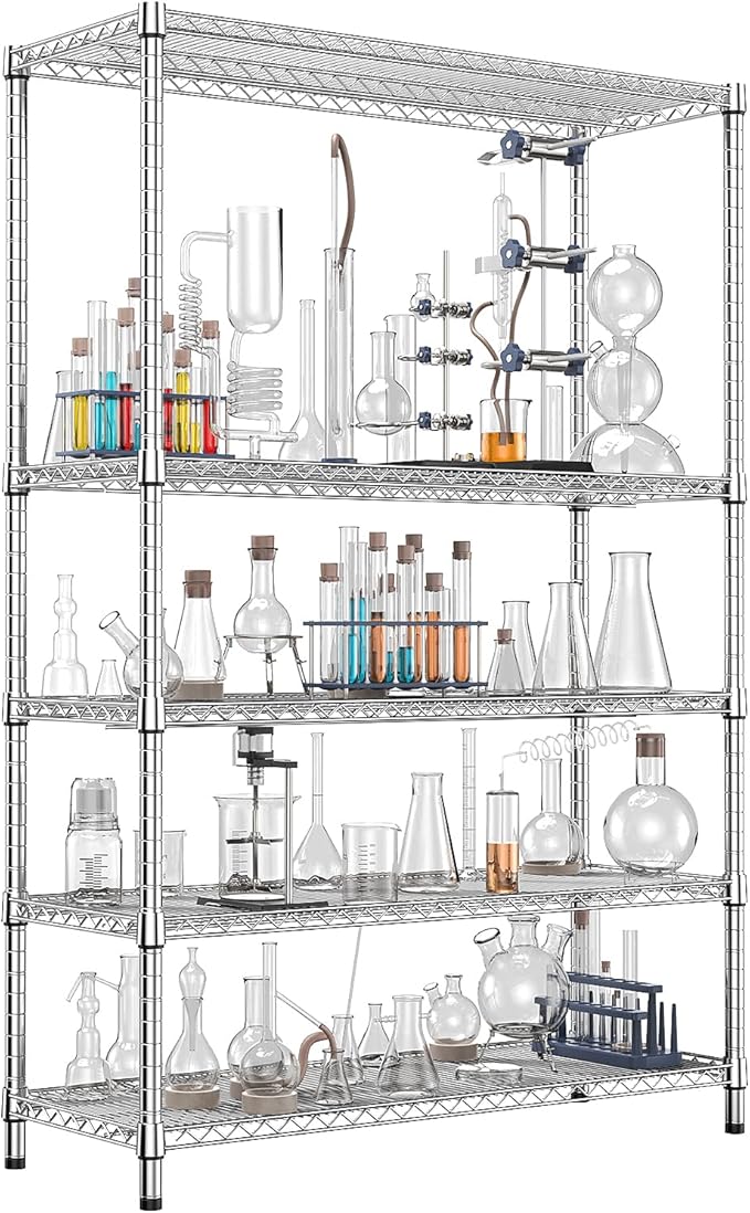 IZEUK 4250 LBS Garage Shelving Wide Storage Shelves 5 Tier Metal Shelves Heavy Duty Adjustable Utility Shelf Rack Chrome 17.7" D x 59.1" W x 70.4" H
