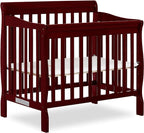 Aden 4-in-1 Convertible Mini Crib In Cherry, Greenguard Gold Certified, Non-Toxic Finish, New Zealand Pinewood, With 3 Mattress Height Settings