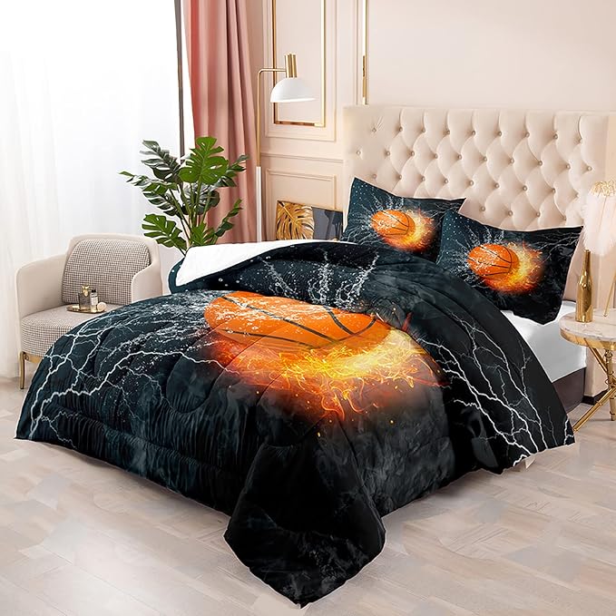 Basketball Comforter Set Queen, Sports Basketball Bedding 3 Pieces(1 Basketball Comforter 2 Pillowcases) Ice Flame Basketball Comforter Set Sport Microfiber Bedding Set for Boy Kids