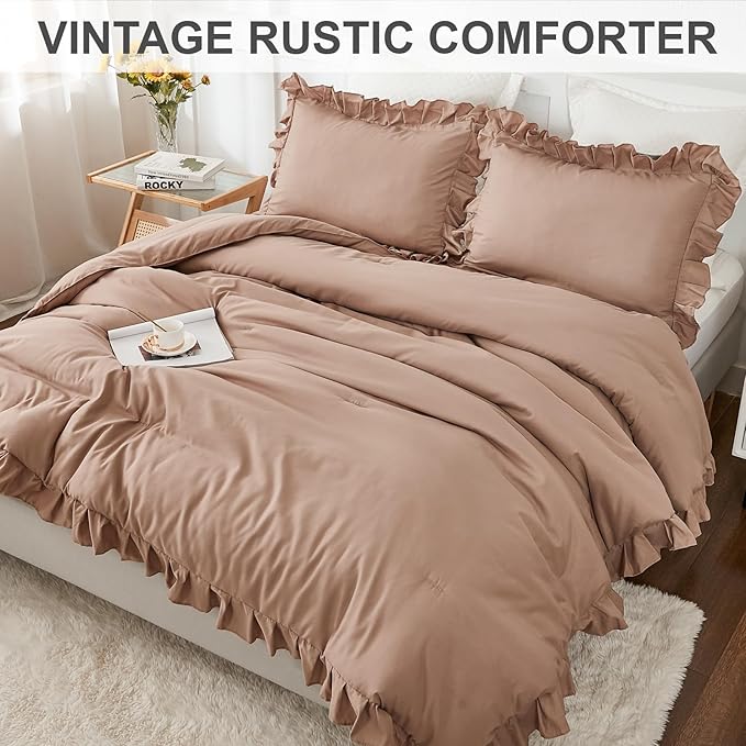 Andency Taupe Queen Comforter Set(90x90Inch), 3 Pieces(1 Ruffle Comforter and 2 Pillowcases) Solid Bedding Comforter Sets for Queen Bed, Lightweight and Fluffy Soft Microfiber Bedding Set