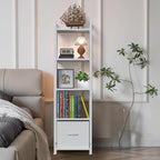Narrow-Bookshelf-With-Storage-Drawer, 5-Tier Small Standing Book Shelf Organizer For Small Space, Tall Thin Bookcase Shelf For Bedroom Living Room Office, Wooden Shelving Unit Rack For Display