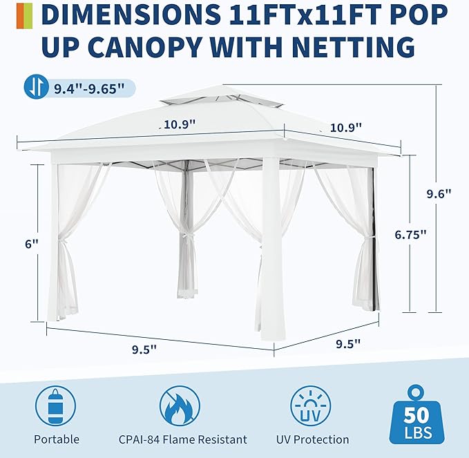 11x11 Pop Up Instant Gazebo Tent for Backyard, Pop Up Gazebo With Mosquito Netting, Outdoor Canopy Gazebos Waterproof With Portable Carrying Bag