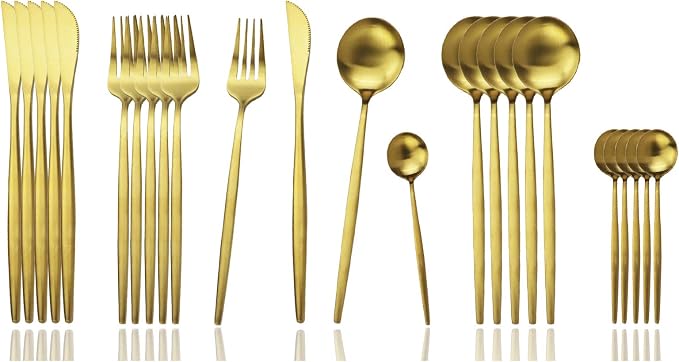 JASHII Silverware Set, 24-Piece Stainless Steel Flatware Set,Kitchen Utensil Set Service for 6,Tableware Cutlery Set for Home, Dishwasher Safe (Matte Gold)