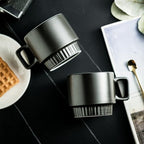 Miamolo Stackable Coffee Mugs with Stand Set of 4, Space-saving Storage | 11oz, Ceramic Latte Mugs | for Espresso Cappuccino Tea Hot Cocoa | Dishwasher & Microwave Safe | Housewarming Gift | Black