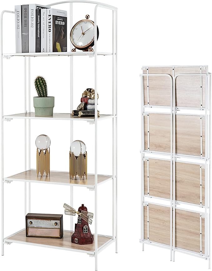 No Assembly Folding Bookshelf, 4 Tier White Bookshelf, Metal Book Shelf for Storage, Folding Bookcase for Office Organization and Storage, 12.6" D x 22.44" W x 55.51" H