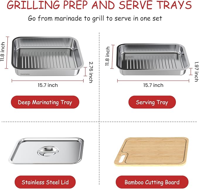 Geesta Grilling Prep and Serve Tays, Stainless Steel Large Capacity Food Prep Tray, Grill Carry System, Marinade Container with Lid and Cutting Board,BBQ Grill Accessories, Grilling Gifts for Men