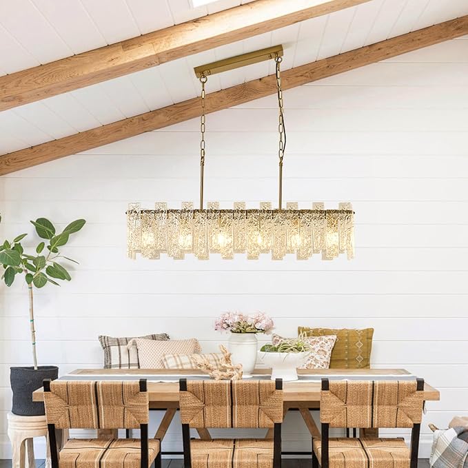 L39 inch Gold Rectangle Crystal Chandelier, Modern Rectangular Water Ripple Glass Dining Room Chandeliers Light Fixture, 6-Lights Hanging Pendant Light for Kitchen Island, Living Room