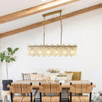 L39 inch Gold Rectangle Crystal Chandelier, Modern Rectangular Water Ripple Glass Dining Room Chandeliers Light Fixture, 6-Lights Hanging Pendant Light for Kitchen Island, Living Room