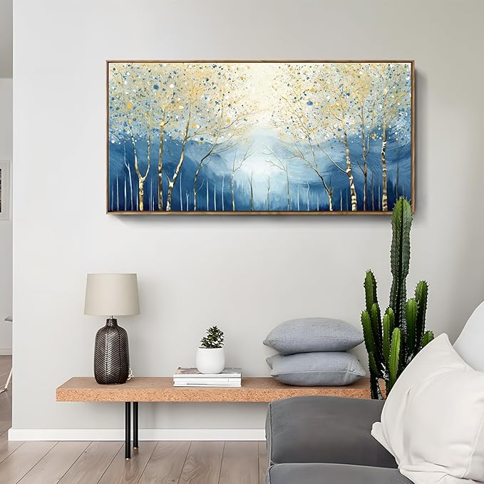 amatop Large Framed Abstract Canvas Wall Art Navy Blue Art Print Modern Nature Tree of Life Artwork Birch Contemporary Landscape Picture for Office Living Room Bedroom Hallway Home Decor 48x24 Inch