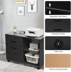 Sweetcrispy 3-Drawer File Cabinet, Lateral Mobile Filing Cabinet Wood Storage Organizer with Wheels, Printer Stand & Open Shelves for Home Office Under Desk Organization - Black