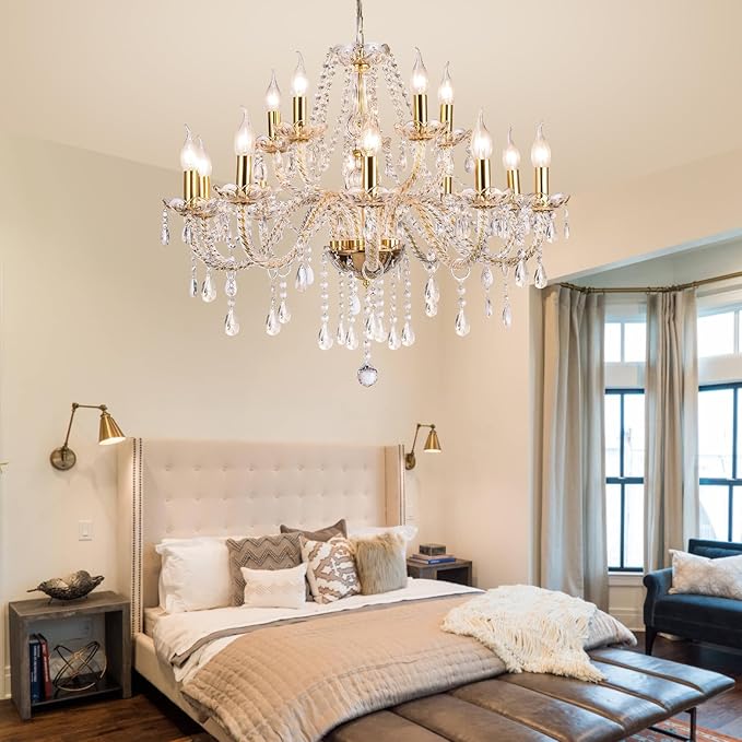 Modern Elegant 15 Lights K9 Crystal Glass Chandelier Golden Pendant Ceiling Lighting European Style for Dining Living Room Bedroom Transparent,15 E12 Bulbs Required