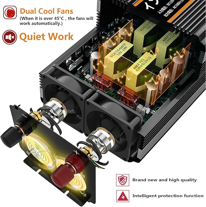 SUDOKEJI 2500W Power Inverter 12V DC to AC 110V/120V (Peak) 5000W Converter 3 sockets car Inverter with Remote Control and LED Display 3.4v USB Port