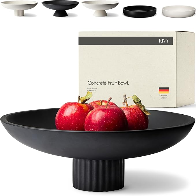KIVY Concrete Fruit Bowl for Kitchen Counter - Large Decorative Bowl for Home Decor - Black Pedestal Bowl - Decorative Bowls for Home Decor - Black Kitchen Island Decor