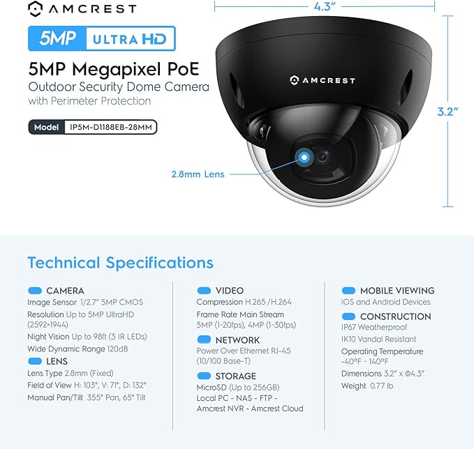 Amcrest 5MP POE Camera, Outdoor Vandal Dome Security POE IP Camera, 5-Megapixel, 98ft NightVision, 2.8mm Lens, IP67, IK10 Resistance, MicroSD 256GB (Sold Separately), Cloud, NVR (IP5M-D1188EB-28MM)