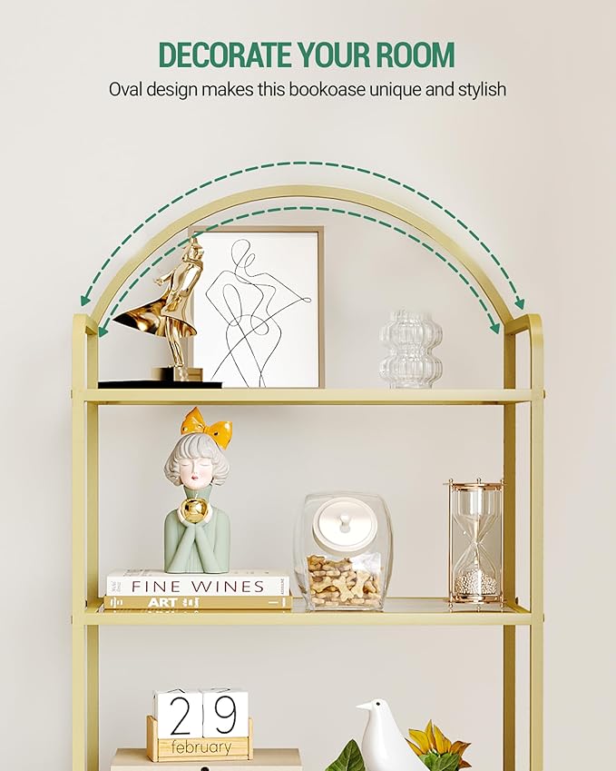 Bookcase Bookshelf, Tempered Glass Bookshelves, Slim Shelving Unit for Bedroom, Bathroom, Home Office, Steel Frame, 4 Tier Gold BC21499G