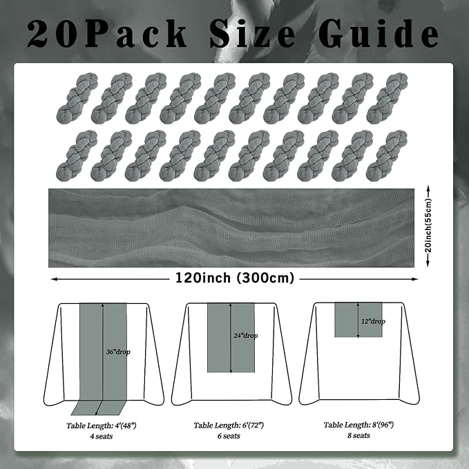 20 Pack Gray 10FT Cheesecloth Table Runner Rustic Gauze Fabric Cheese Cloth Table Runner for Wedding Bridal Baby Shower Table Decor 20 x 120 Inch Long Boho Sheer Birthday Party Table Decorations