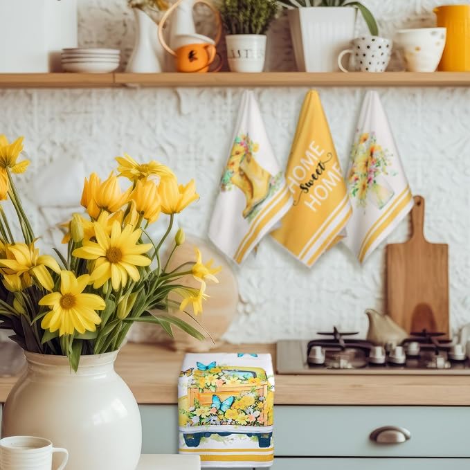 Boyiee Set of 6 Yellow Flower Kitchen Towels Decorative Floral Tea Towels Absorbent Home Dish Towels 24 x 16 Inch Truck Reusable Hand Towel Housewarming Gift for Farmhouse Kitchen Bathroom Decoration