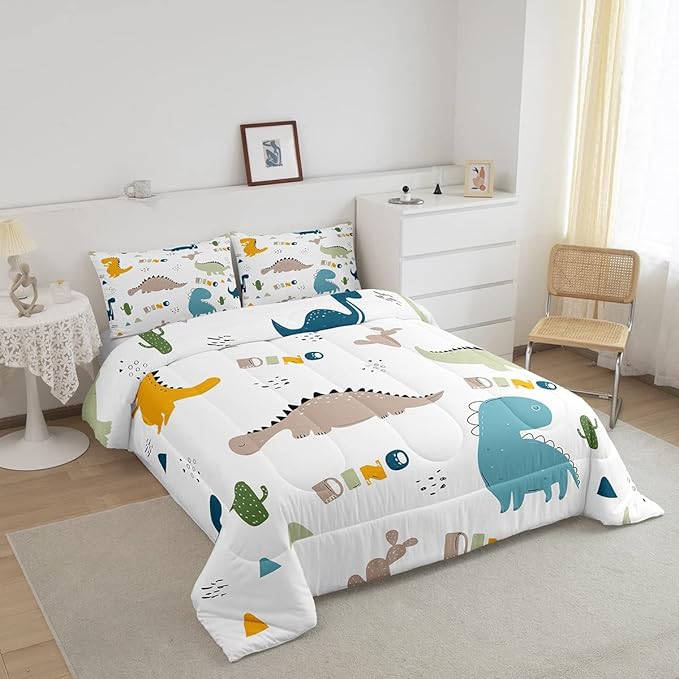 Feelyou Cute Dinosaur Comforter Set Cartoon Cactus Bedding Set Decor Jungle Dino Boho Succulent Comforter Wild Animal Pattern Yellow Grey Duvet Set Bedroom Quilt Set 3Pcs King