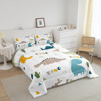 Feelyou Cute Dinosaur Comforter Set Cartoon Cactus Bedding Set Decor Jungle Dino Boho Succulent Comforter Wild Animal Pattern Yellow Grey Duvet Set Bedroom Quilt Set 3Pcs King