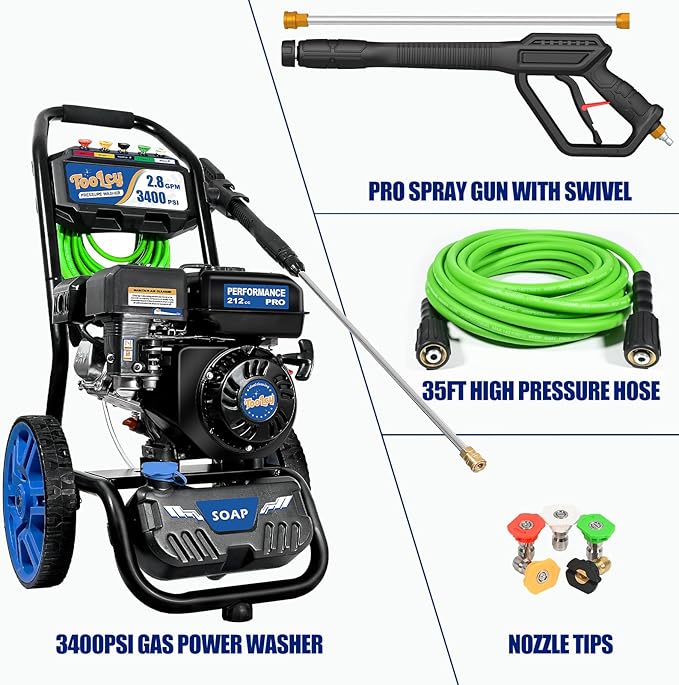 TOOLCY 3400 PSI Gas Pressure Washer, 2.8 GPM Gas Powered Power Washer with Soap Tank, Reinforced Pump & 212cc OHV Engine, 35 FT Pressure Hose, Quick Connect Swivel Pressure Gun, 5 Nozzles for Homes