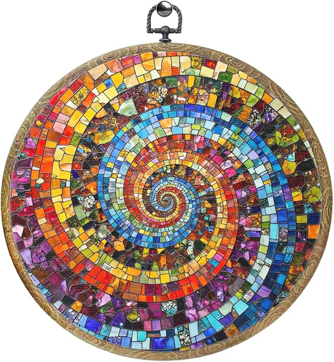 Colorful Glass Style Colorful Geometric Decoration Gift for Art Lovers Framed Round Wall Decor Canvas Wall Art Hanging Prints Artwork for Home Nursery Bedroom Living Room Decorations 10.2X10.2 Inch