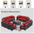 Patio Furniture Set 14-Pieces Outdoor Furniture for Backyard Wicker Sectional Sofa Set, Rattan Patio Conversation Set with Thickened Cushions and Glass Coffee Table, Red