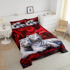 Tiger Comforter Set Full, Red Rose Down Comforter Kids Girls Women,Red Image of Large Cat Playing with Water Cool Nature Animal Quilted Duvet Insert Gorgeous Floral Flower Bedding Comforters,Brown