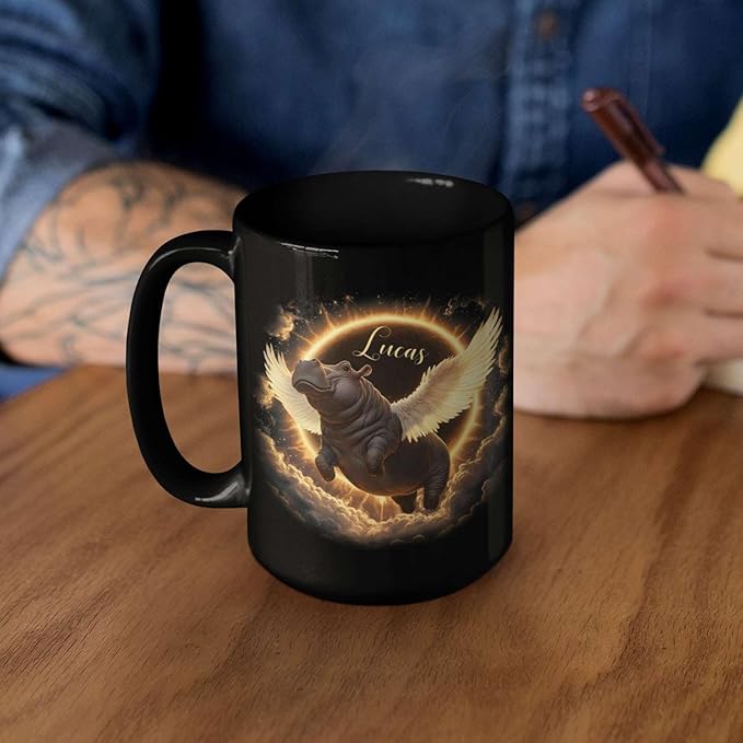 Personalized Choose Name Coffee Mug, Custom Hippo Ceramic Coffee Cup 11oz 15oz, Fantasy Animal Black Cup for Kids, Custom Whimsical Hippo with Wings Mug, Gifts for Holiday