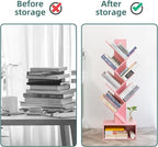 Yoobure Tree Bookshelf - 6 Shelf Retro Floor Standing Bookcase, Tall Wood Book Storage Rack for CDs/Movies/Books, Utility Book Organizer Shelves for Bedroom, Living Room, Home Office Pink