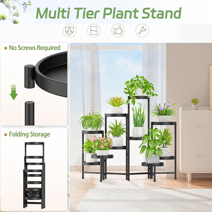 iDavosic.ly Plant Stand Indoor Outdoor, 10 Tier Corner Metal Flower Display Holder Shelf, Folding Tall Orchid Rack for Patio Balcony Porch Garden Living Room House, Black