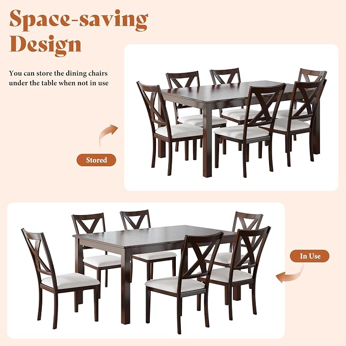 AMERLIFE 7-Piece Farmhouse Dining Table Set for 6, 60'' Table and 6 Chairs | Solid Wood Kitchen Table with 6 Upholstered Chairs, Space-Saving Dining Set for Dining Room, Kitchen, Small Apartment, Brown