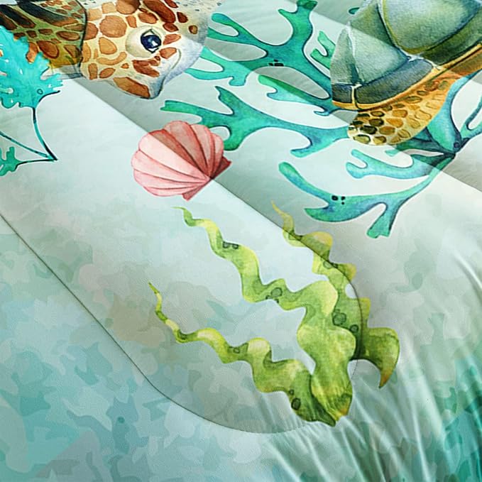 Datura home Sea Turtle Comforter Bedding Set for Kids Teens Adults,Watercolor Sea Turtle Light-Green and Blue Coral Seaweed Ocean Themed Comforter with 2 Pillowcases(Turtle Full),Green Turtle
