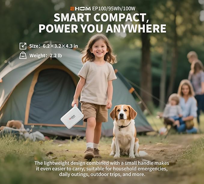 EHOM Portable Power Station 95Wh, 100W (Peak 120W), EP100-2 Camping Lithium Battery Solar Generator with 120V Pure Sine Wave AC/USB/Car Outlets, Backup Generator for Home Outdoor RV Camping Emergency