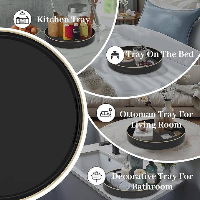 MAONAME 13" Black Decorative Tray, Plastic Round Serving Tray with Handles | Decorative Tray for Coffee Table, Modern Ottoman Tray, Circle Tea Tray, Round Melamine Tray for Living Room, Bathroom