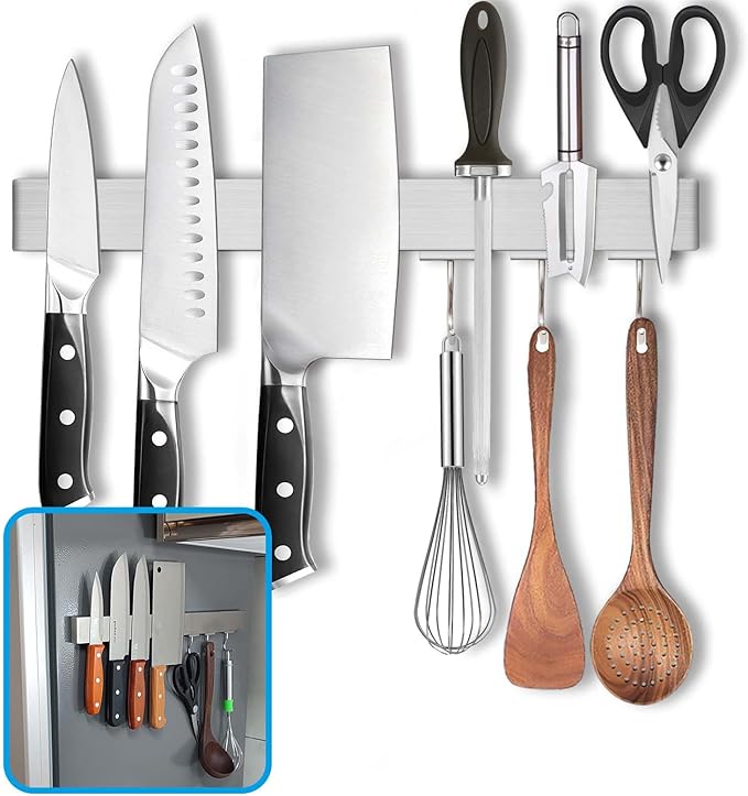 14 Inch Magnetic Knife Holder for Refrigerator - Knife Magnetic Strip for Fridge with Magnetic Hooks - Double Sided Magnetic Knife Bar - Stainless Steel Kitchen Magnetic Knife Hanger Rack