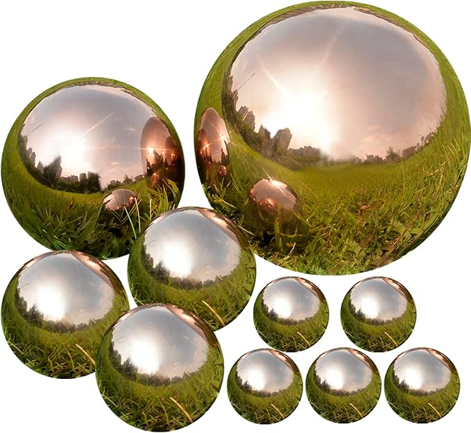 Nerien Gazing Ball, Stainless Steel Garden Mirror Globe, Polished Ornament Sphere, Hollow Floating Reflective Hemisphere, for Home Outdoor Pond Housewarming Swimming Pool Decoration, Rose Gold, 10Pcs